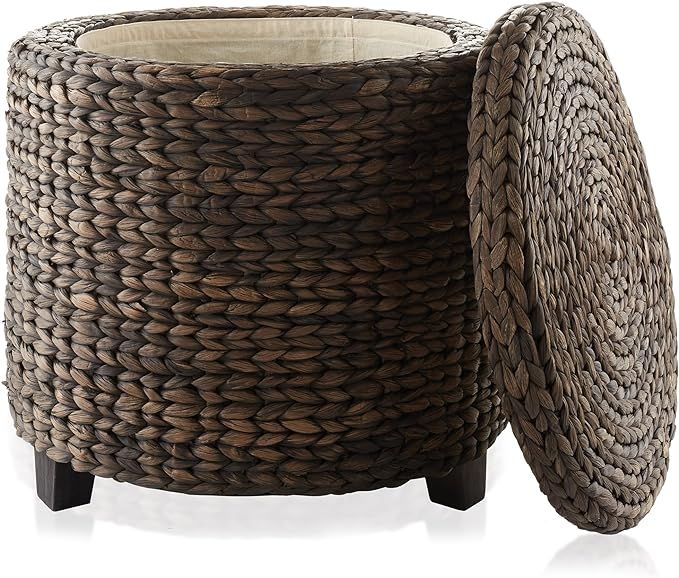Casafield 17" Round Storage Ottoman with Lid - Espresso, Handwoven Water Hyacinth Footstool for L... | Amazon (US)