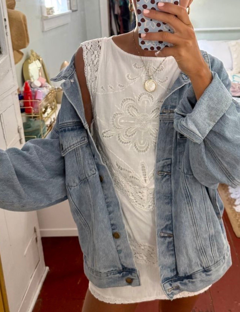 Unique white lace intricate dress, paired with an oversized denim jacket !! Springtime is calling our name in this outfit :) 🤍🤍🌸🌸
Paired perfectly with a gold chain necklace !! 

#LTKSaleAlert #LTKootd #LTKSeasonal