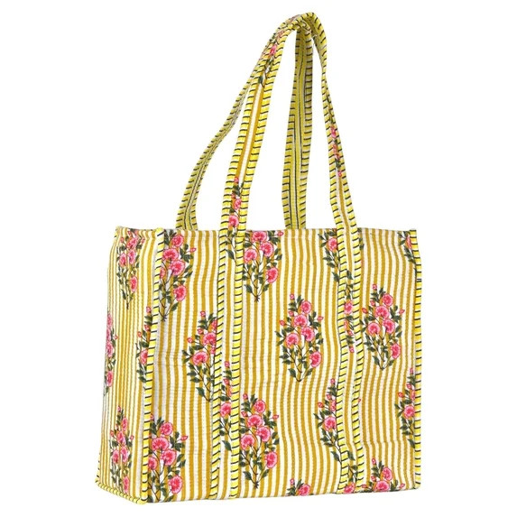 Vivanta Block Print Cotton Quilted Tote Bag, Large, Pink Floral, Handmade Reusable Cotton Shoulde... | Walmart (US)