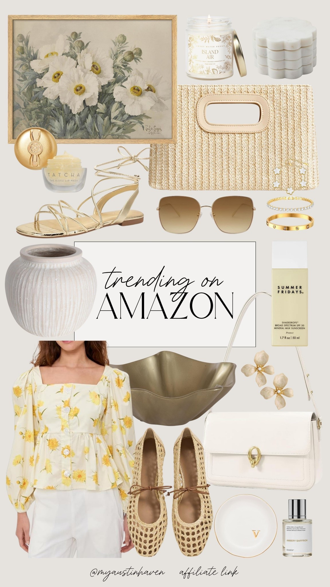 Trending Amazon finds I’m loving lately. 🌼 💛

A mix of chic fashion, beauty favorites and neutral home decor that are perfect for spring and everyday style.

Amazon trending finds, amazon favorites, spring fashion picks, neutral accessories, yellow, woven clutch bag, strappy gold sandals, square sunglasses, floral blouse outfit, summer fragrance, mineral sunscreen, luxury lip mask, candle decor, floral wall art, ceramic vase decor, raffia flats, everyday jewelry, white shoulder bag, gold home decor, spring style picks. 

 

#LTKHome #LTKSeasonal #LTKSpringSale