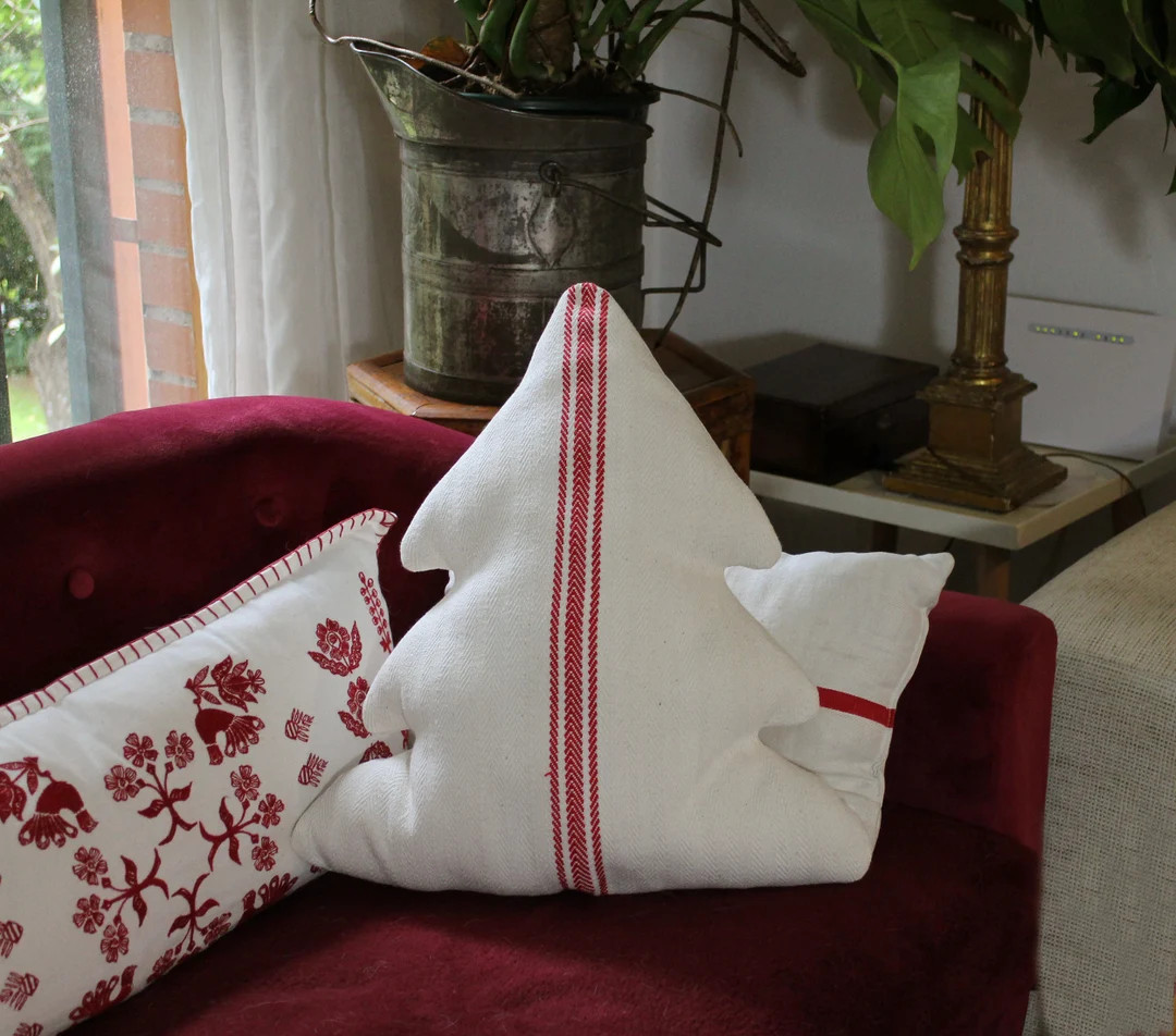 Vintage Grain Sack Christmas Tree Pillow Winter Farmhouse Decor Pillow Grainsack Red Stripes Chri... | Etsy (US)