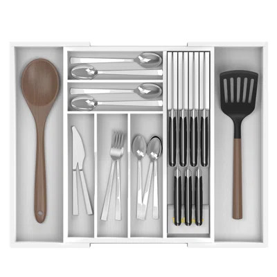 Bamboo Kitchen Drawer Organizer, Expandable Utensil Organizer With Removable Knife Block (Natural) | Wayfair North America