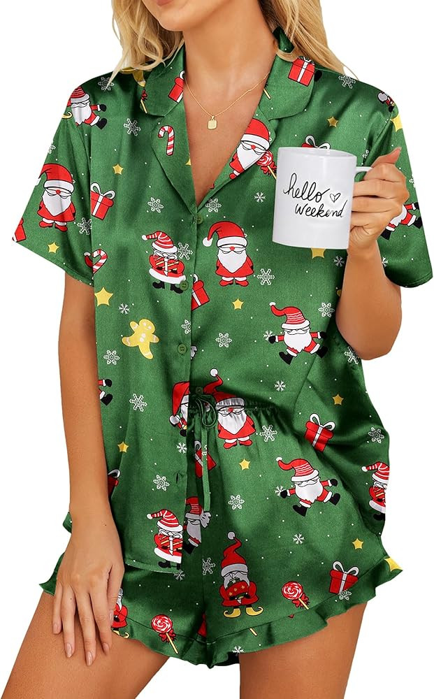 Ekouaer Womens Satin Pajamas Set Button Down 2 Piece Silk Pjs Shorts Set Ruffle Lingerie Notch Co... | Amazon (US)