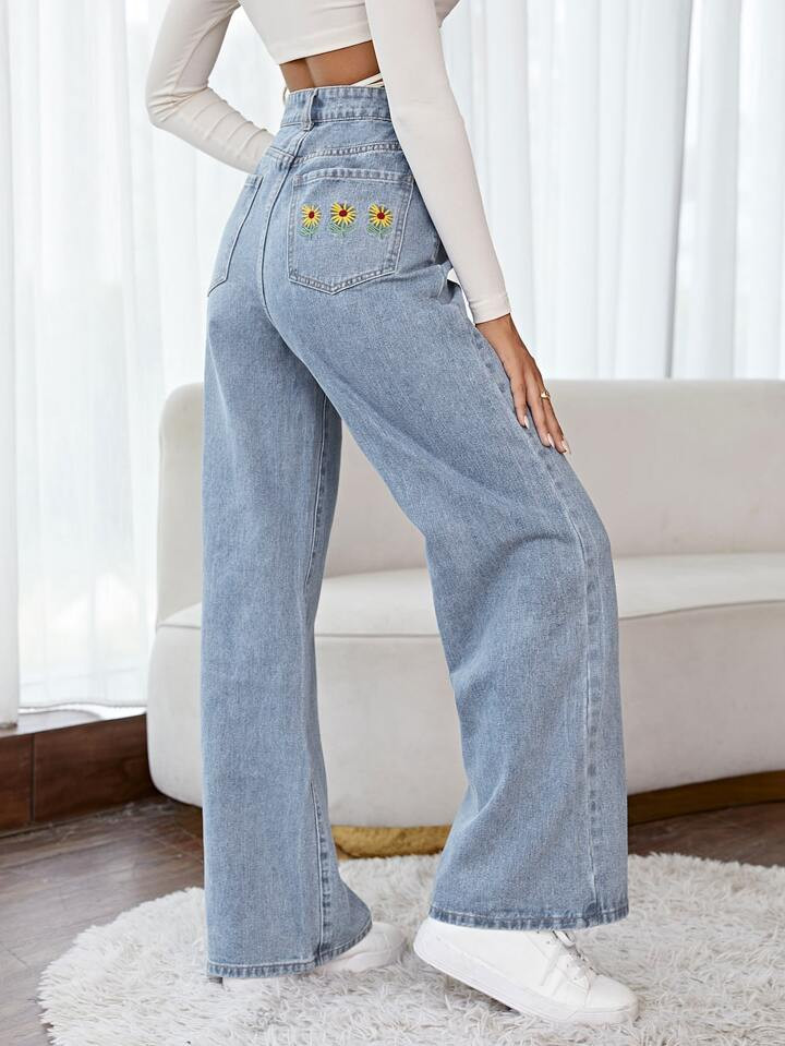 SHEIN Frenchy High Waist Wide Leg Floral Embroidery Jeans | SHEIN