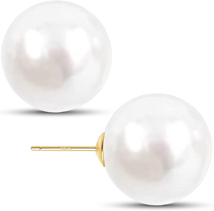 Big Pearl Earrings -18K Gold Plated Sterling Silver Oversized Faux Round Large Simulated Pearl St... | Amazon (US)