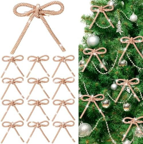 12 Pcs 3.2''x2.8'' Gold Glitter Christmas Bows Ornaments with Clip Metal Shiny Christmas Tree Dec... | Amazon (US)