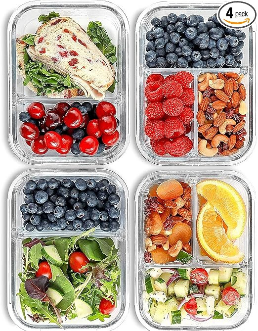 FIT Strong & Healthy 2 & 3 Compartment Glass Meal Prep Containers (4 Pack, 32 oz) - Glass Food St... | Amazon (US)