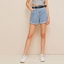 Paperbag Waist Cuffed Hem Belted Denim Shorts | SHEIN