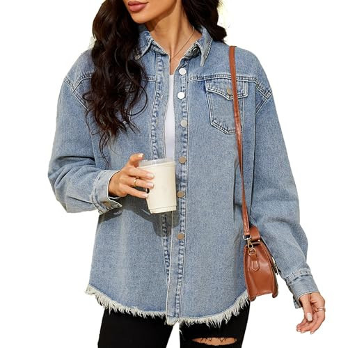 Saukiee Women's Oversized Jean Jacket Frayed Hem Distressed Long Sleeve Denim Shacket Spring Autumn Jackets Blue L | Amazon (US)