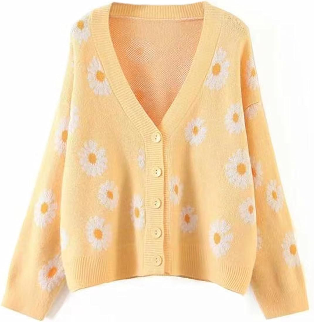 Women's Long Sleeve Cute Cardigan Sweater Y2K Top Cropped Knit Floral Pattern V Neck Button Down ... | Amazon (US)