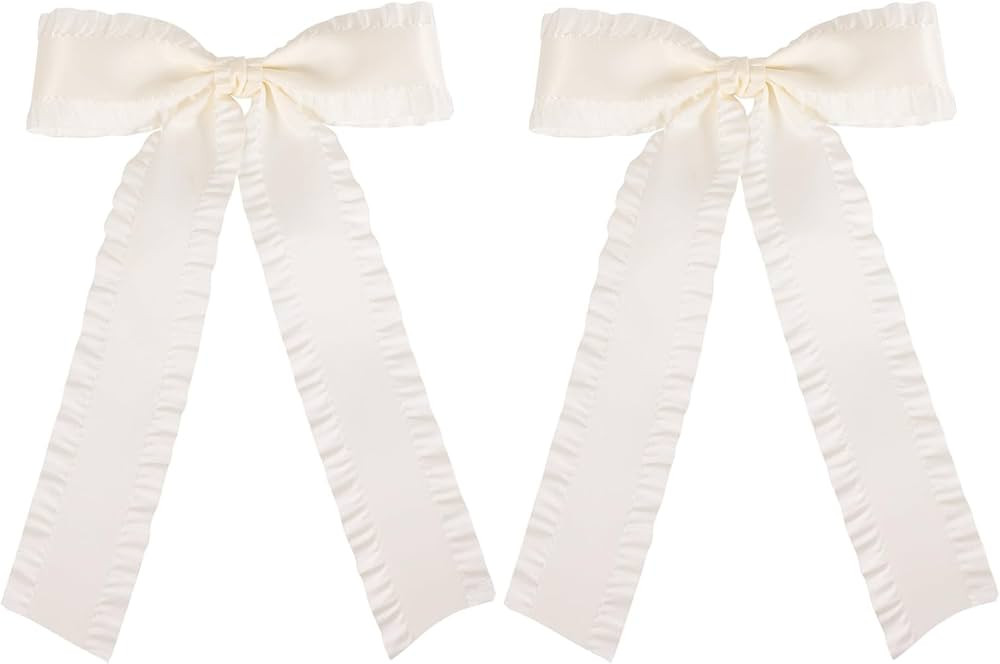 5.5in Long Tail Hair Bows off-White Big Silky Satin Ruffle Tassel Ribbon Bow Hair Clip Barrettes ... | Amazon (US)