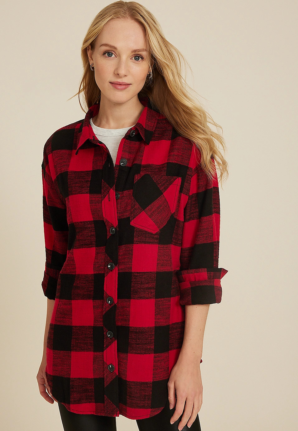 Cabin Plaid Boyfriend Tunic Shirt | Maurices