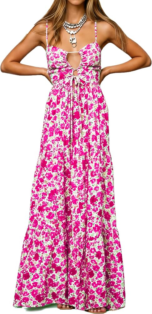 Womens Summer Floral Spaghetti Strap Backless Low Cut Smocked Milkmaid Flowy Beach Sundresses | Amazon (US)