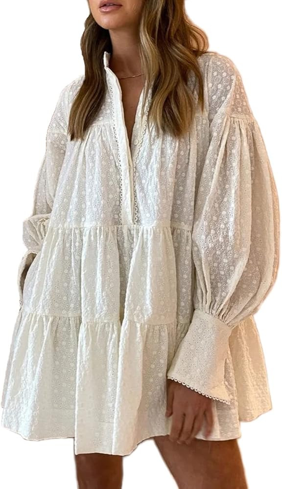Women's Bohemian Floral Print Button Down Long Lantern Sleeve Shift Tunic Dress Casual Ruffle Swi... | Amazon (US)