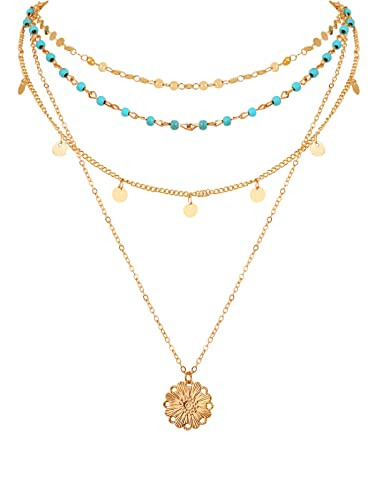 Dainty Layer Necklace, Multilayered Turquoise Bead Chain Necklace, Summer Boho Jewelry Gift for W... | Amazon (US)