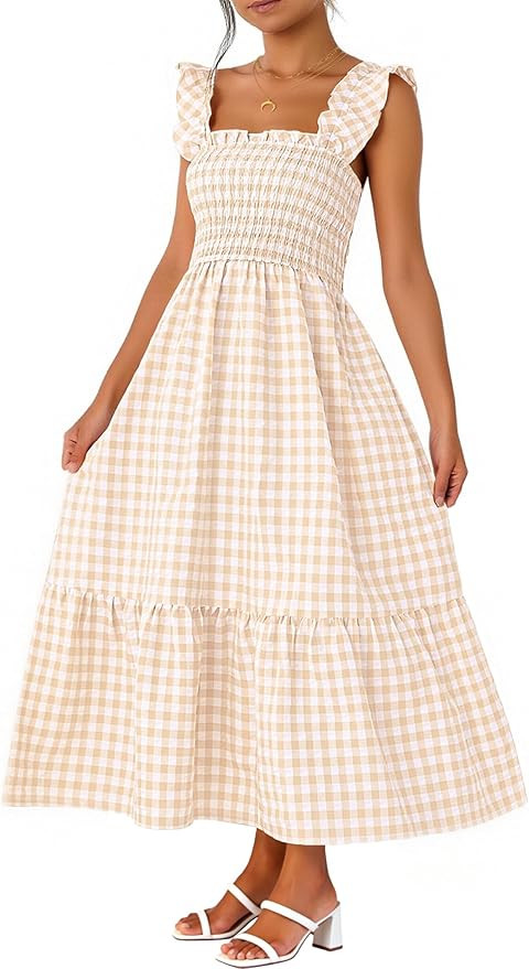 Caracilia Womens Summer Casual Maxi Dress Ruffle Spaghetti Strap Gingham Smocked Long Dresses 202... | Amazon (US)