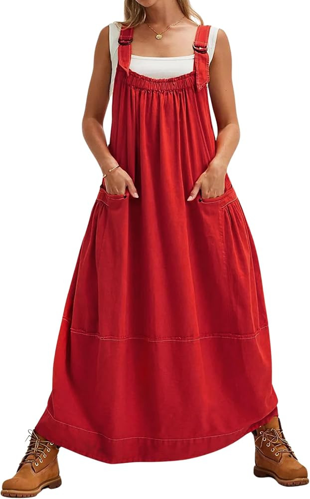 Yeokou Womens Overall Dress Cotton Barrel Midi Travel Dress Loose Fit Adjustable Straps Big Pocke... | Amazon (US)