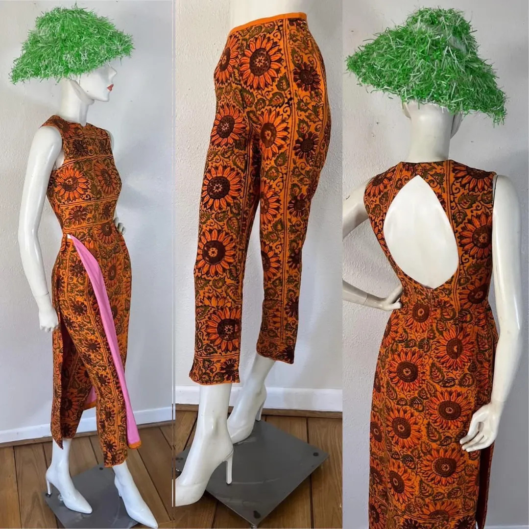 Vintage 1960’s rich orange sunflower block print cotton 2 piece dress & pant hostess set with c... | Etsy (US)