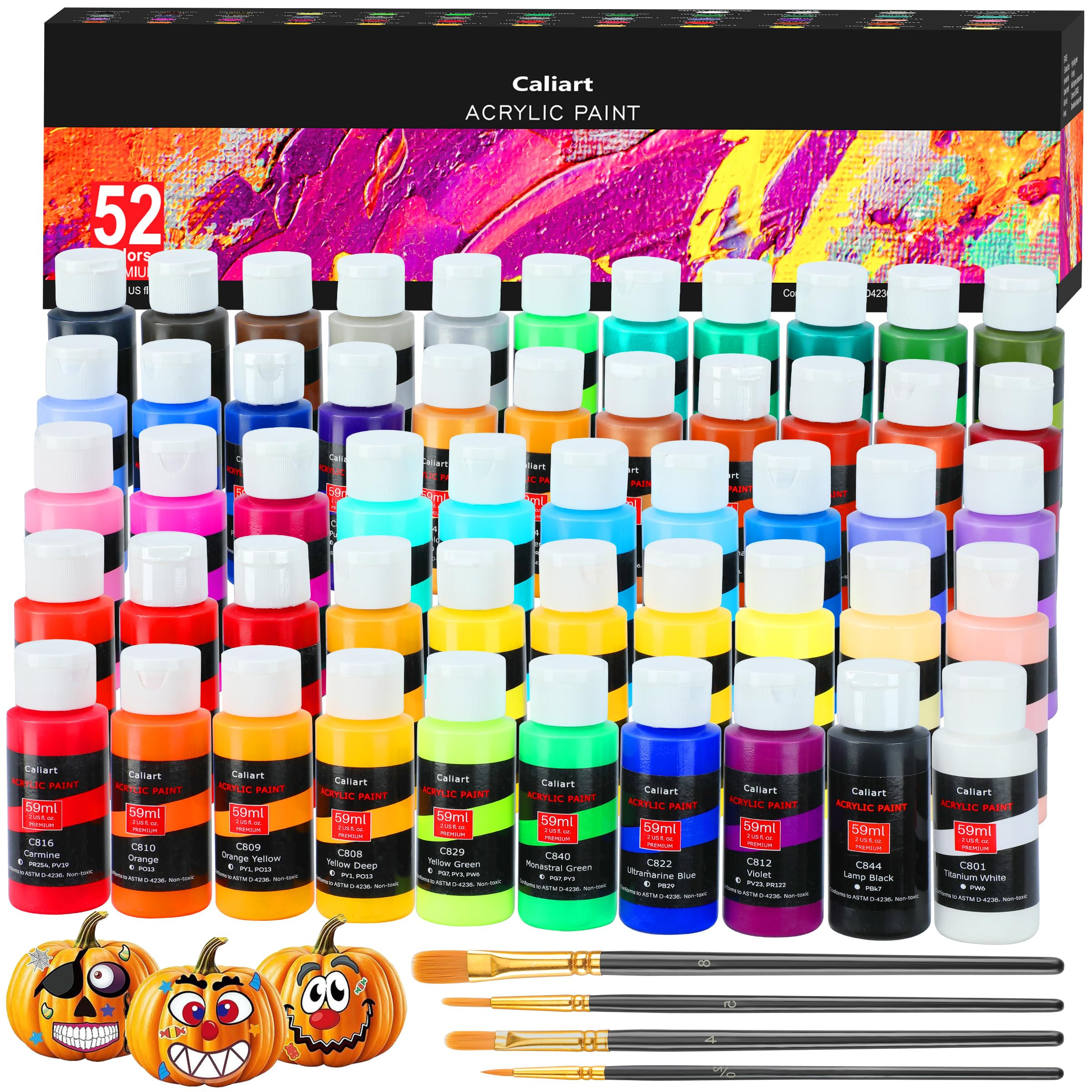Caliart Acrylic Paint Set With 4 Brushes, 52 Colors (59ml, 2oz) Art Craft Paints for Artists Kids... | Amazon (US)