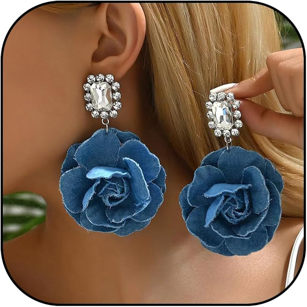 Denim Flower Earrings for Women Dangling Boho Denim Camellia Flower Dangle Hook Long Earrings for... | Amazon (US)