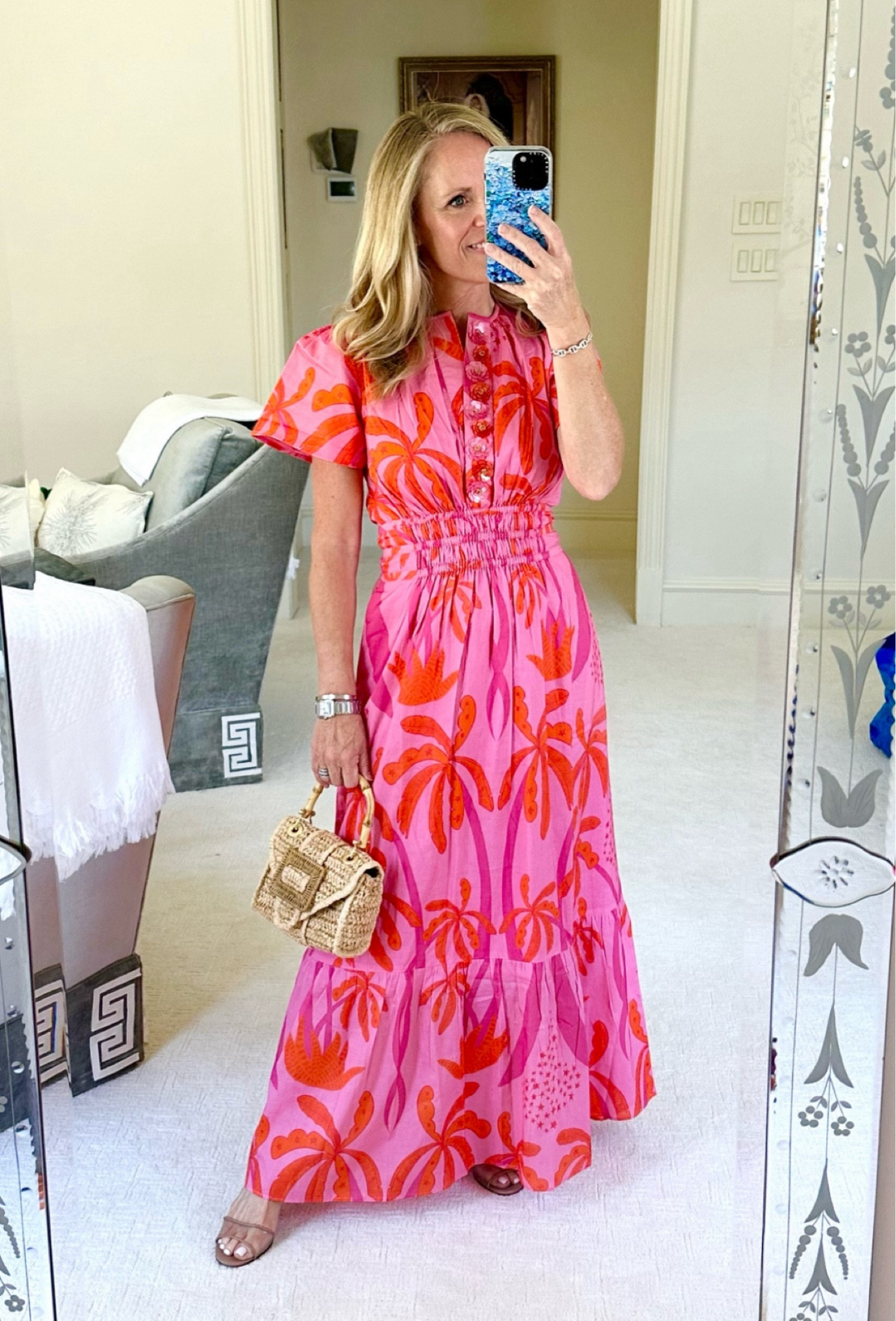 The perfect vacation dress! 
Hot pink and orange palm print Eloise midi dress from Sheridan French. 
The sequin flowers make it so special!! 

Fits TTS 
I’m 5’2” tall for length reference. Wearing XS. 

#LTKSeasonal #LTKStyleTip #LTKOver40