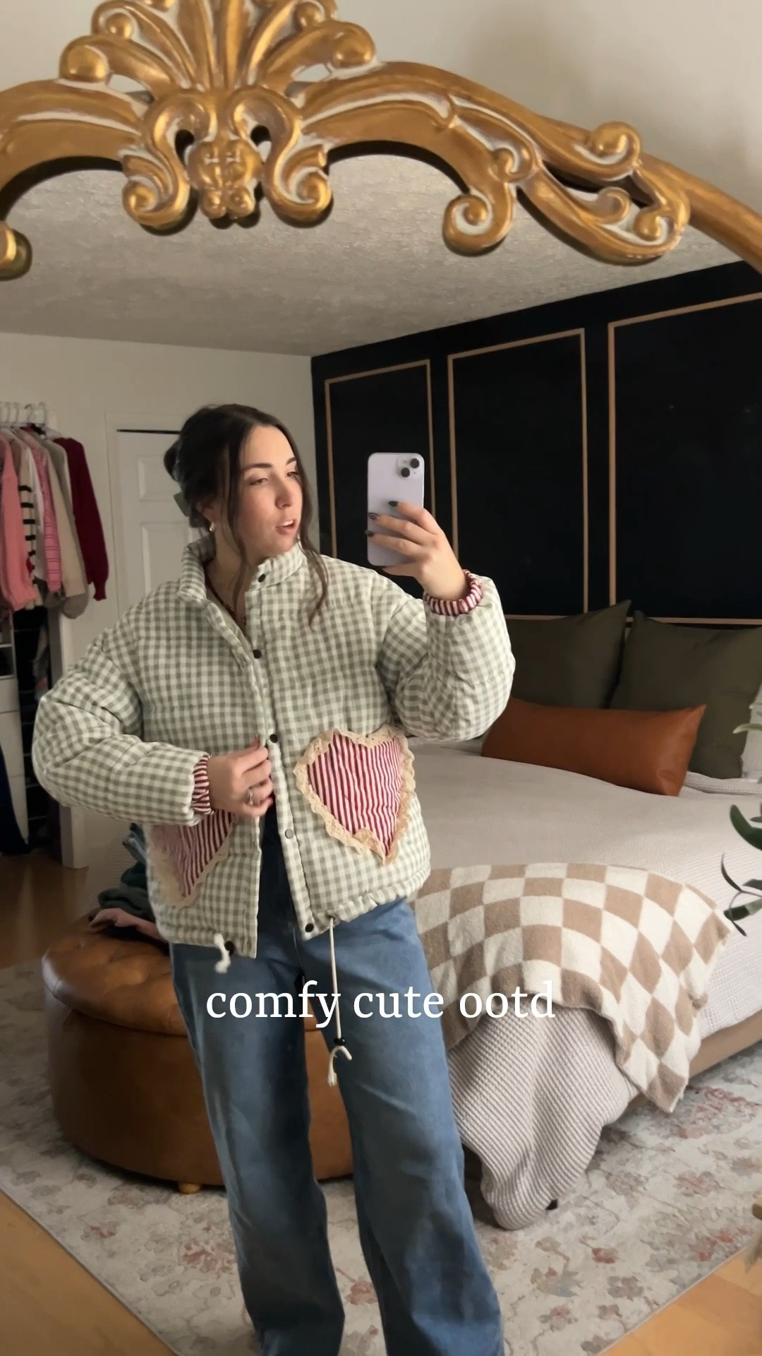 Comfy cute toddler Mom OOTD, spring, transitional style outfit, puffer jacket, perfect for spring, gingham, heart, lace, mix patterns, free people inspired, comfy Amazon jeans under $50! Wide leg flattering jeans, nine dollar Walmart sneakers 

#LTKFindsUnder50 #LTKStyleTip #LTKWatchNow