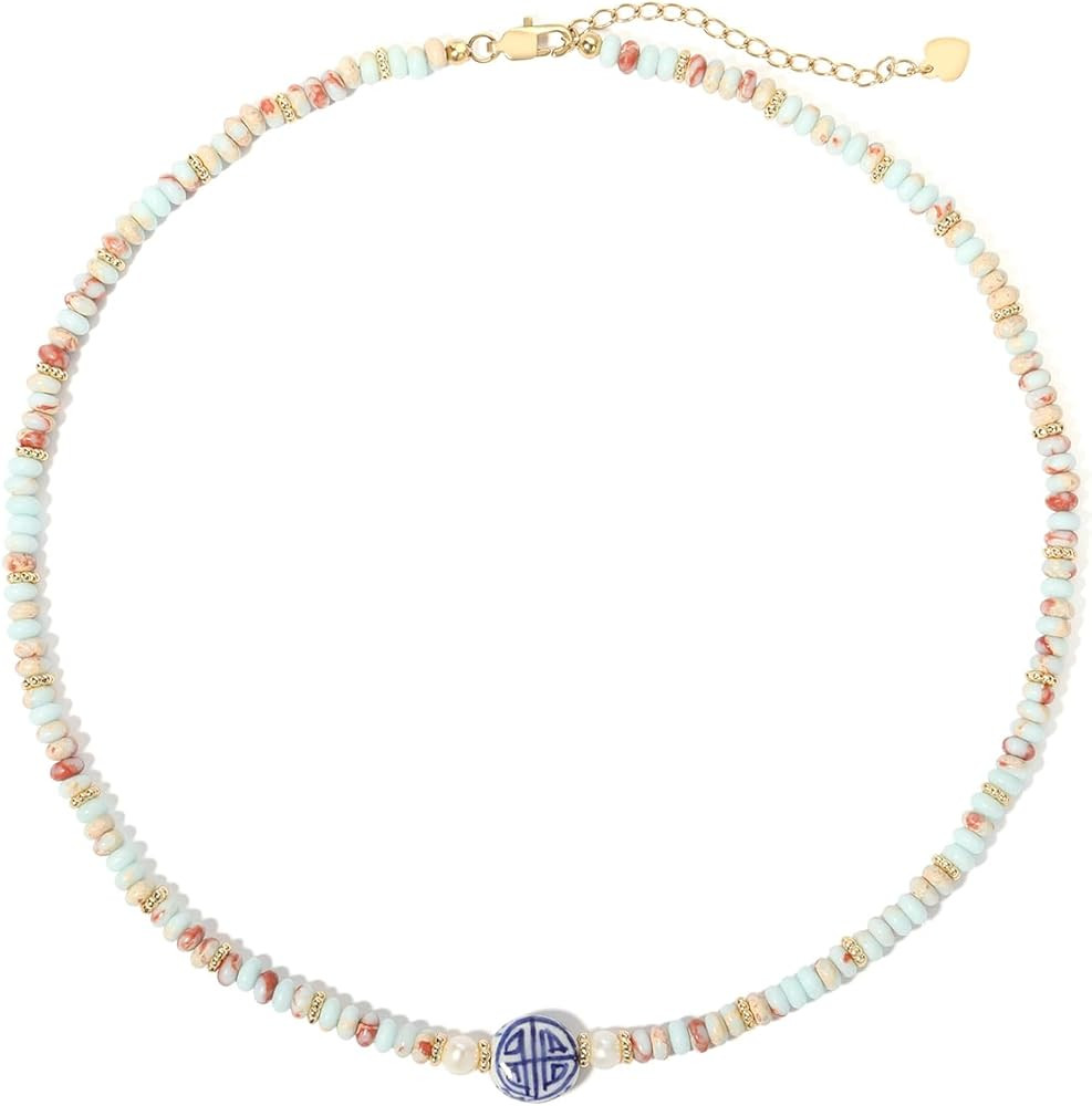 Colorful Beaded Necklace for Women - Handmade Blue and White Boho Pearl Choker with Crystal Beads... | Amazon (US)