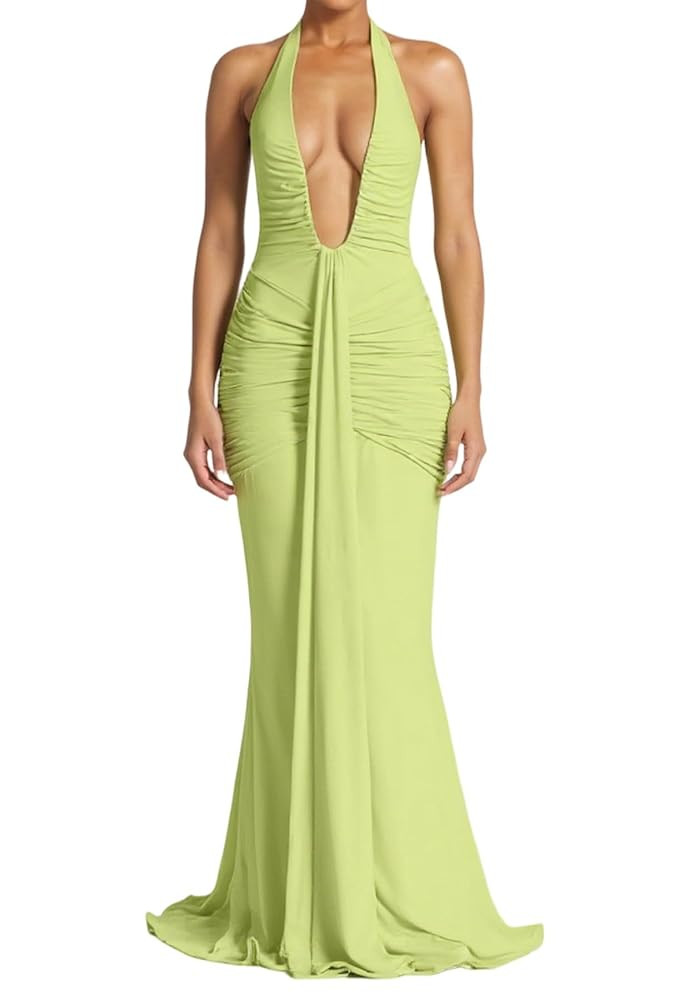 SHINFY Women Summer Halter Maxi Dress Ruched Bodycon V Neck Formal Cocktail Party Evening Dress | Amazon (US)