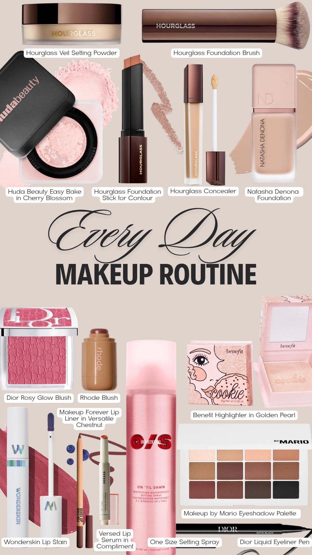 Hourglass Contour – Sepia Vanish
Hourglass Contour – Vanish 15
Dior Blush – Rosy Glow
Huda Setting Powder – Cherry Blossom Cake
Benefit Highlighter - Cookie
Rhode Liquid Blush – Toasted Teddy
Natasha Denona Foundation – N5
Makeup by Mario Eyeshadow Palette – The Neutrals
Makeup Forever - Versatile Chestnut
Versed Lip Serum - Compliment

#LTKdayinmylife #LTKgrwm #LTKBeauty