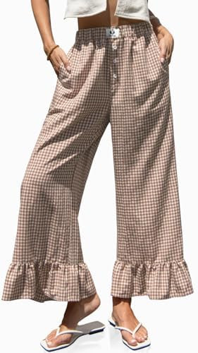 TARSE Women’s Plaid Wide Leg Pants Flared Leg Baggy Drawstring Ruffle Palazzo Pants with Pocket... | Amazon (US)