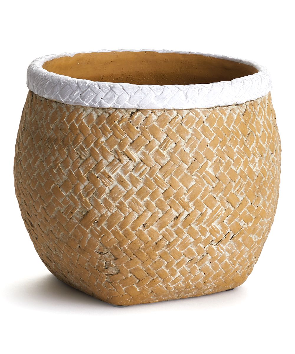 Porch & Petal Outdoor Planters NATURAL/WHITE - White & Beige Basket-Weave Drum Pot | Zulily