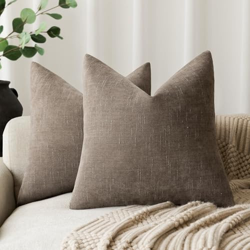 Foindtower Pack of 2 Soft Textured Chenille Throw Decorative Pillow Covers Square Accent Solid Cushion Cover Cozy Farmhouse Pillow Case with Zipper for Couch Sofa Bedroom Living Room 24x24 Inch, Taupe | Amazon (US)