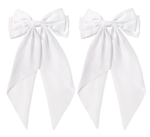White Hair Bow for Women,2pcs Big White Bow for Hair,Large Satin Hair Bows for Girls Long Tail Bow Hair Clips Barrette Ribbons Ponytail Hair Accessories Birthday Gifts | Amazon (US)