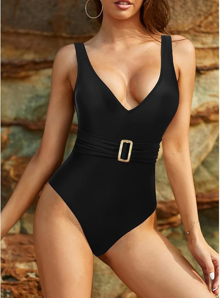 Amazon.com: Women's Deep V-Neck Belt Bathing Suit Low Back High Cut One Piece Swimsuit (Black, Sm... | Amazon (US)