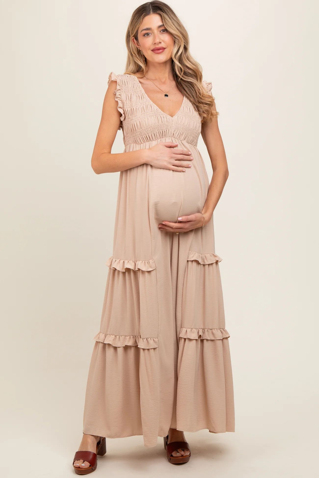 Beige Smocked Ruffle V-Neck Maternity Maxi Dress | PinkBlush Maternity