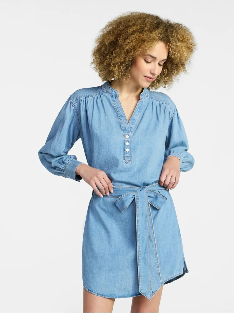 Time and Tru Women's Belted Denim Mini Shirtdress with Long Sleeves, Sizes XS-XXXL | Walmart (US)