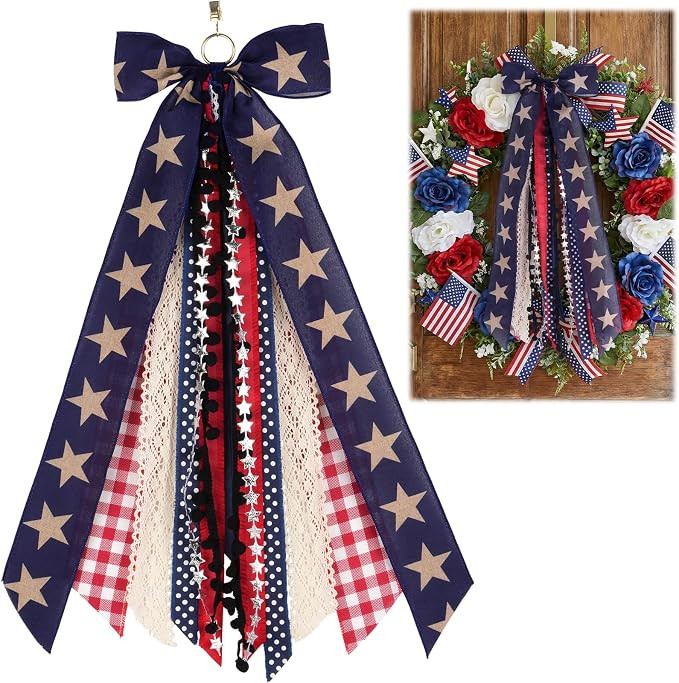 Large Patriotic Front Door Wreath Sash, 8-Ribbon Americana Star Bow with Metal Clip, Wired Edge R... | Amazon (US)