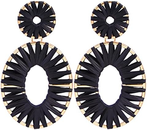 BaubleStar Raffia Tassel Hoop Drop Earrings Handmade Fashion Statement Jewelry for Women | Amazon (US)