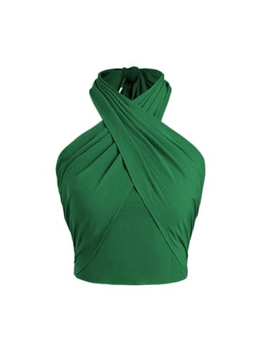CIDER Cross Halter Shirred Back Crop Top: Dark Green, XS | Amazon (US)
