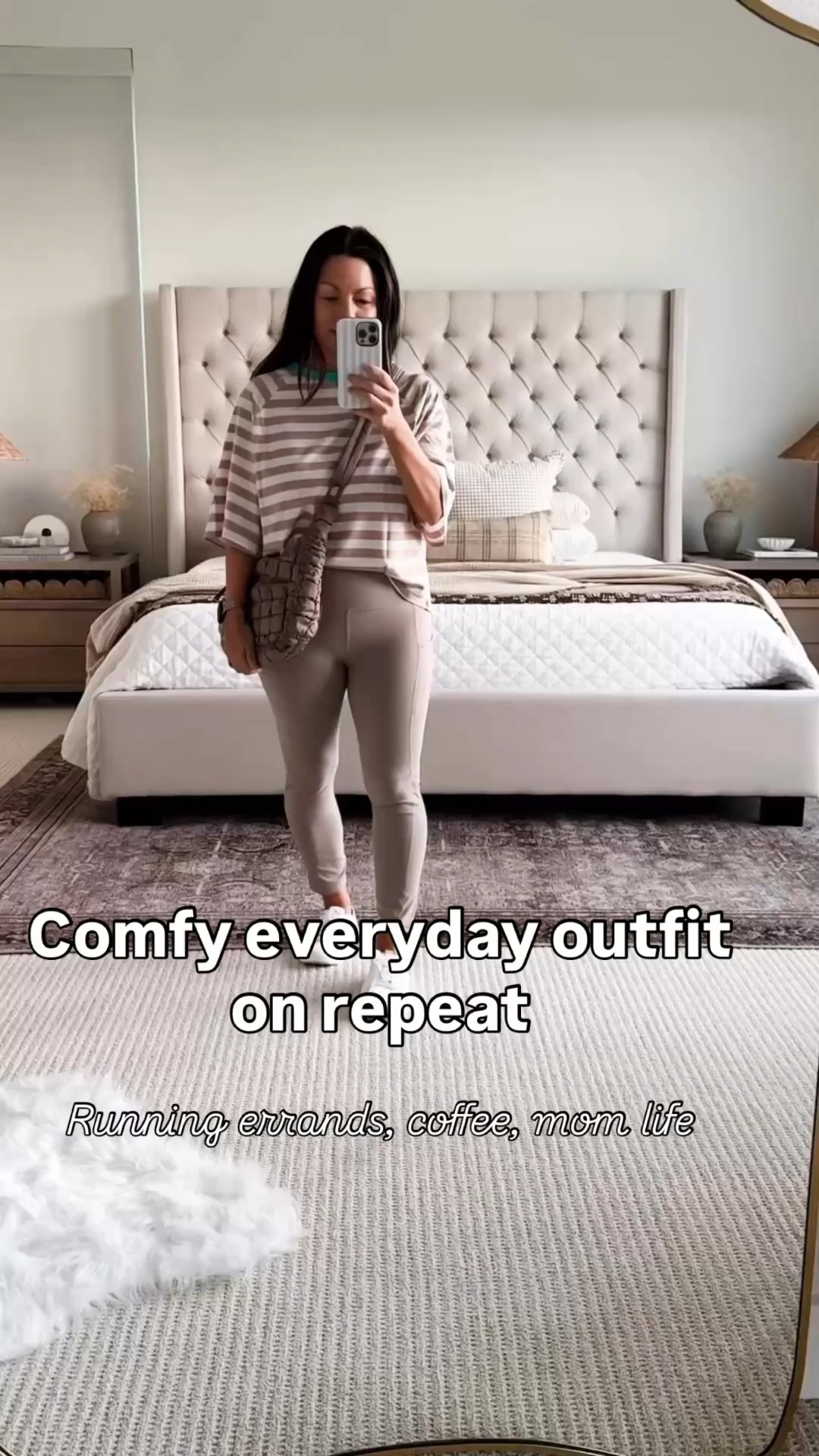 Lately I’ve been reaching for simple, comfortable outfits like this on repeat 🤍 it’s one of those easy looks that works for school drop-offs, errands, or just a slow morning at home with coffee. Spring outfit 2026. These leggings are a staple for me and this relaxed stripe  tee + white sneakers combo is one I always come back to. Everything is super wearable and easy to mix and match too. Follow me on LTK for daily outfit ideas, home decor & Amazon finds ✨

#LTKootd #LTKvlog #LTKActive