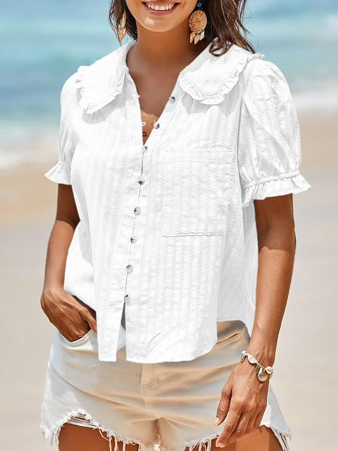 Tankaneo Womens Puff Sleeve Shirts Peter Pan Collar Button Down Cotton Blouse Casual Summer Textu... | Amazon (US)