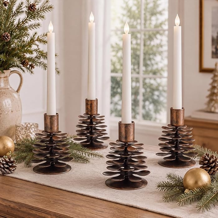 Yungyan 4 Pcs Christmas Pine Cone Taper Candle Holders 3.1 Inch Christmas Pinecone Candle Holder ... | Amazon (US)