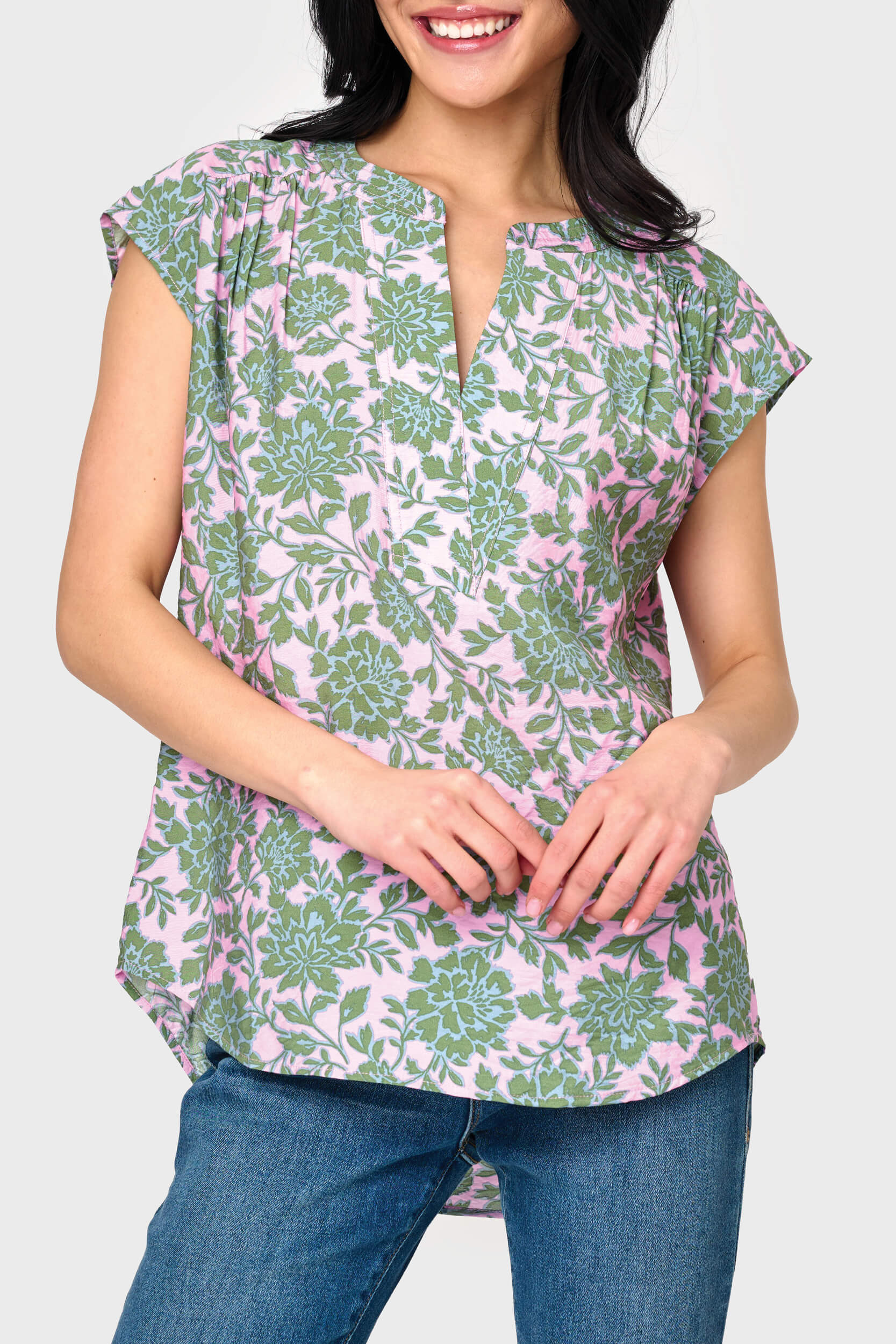 Cap Sleeve Notch Neck Blouse | Gibson