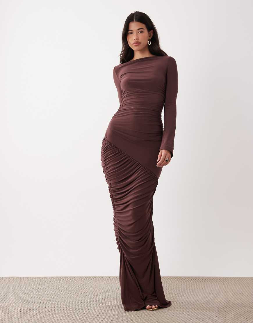 ASOS DESIGN sculpting gauged panels maxi dress with long sleeves in chocolate-Brown | ASOS (Global)
