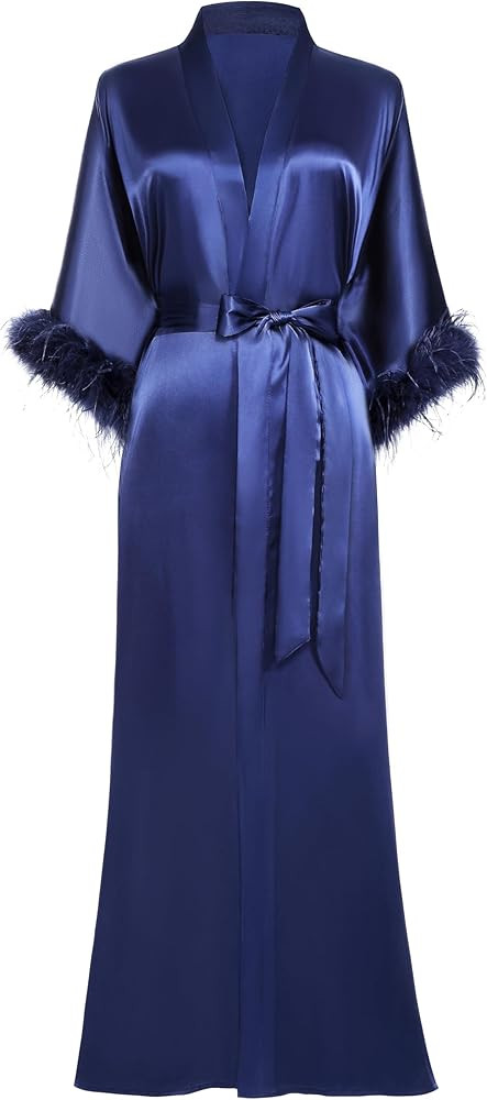 PRODESIGN Satin Kimono Robe Long Silky Bath Robe with Ostrich Feather Trim Sleepwear Wedding Brid... | Amazon (US)