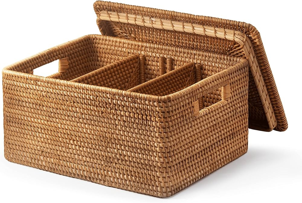 Handwoven Rattan Basket With Lid, Natural Wicker Storage Basket with Detachable Divider for Organ... | Amazon (US)