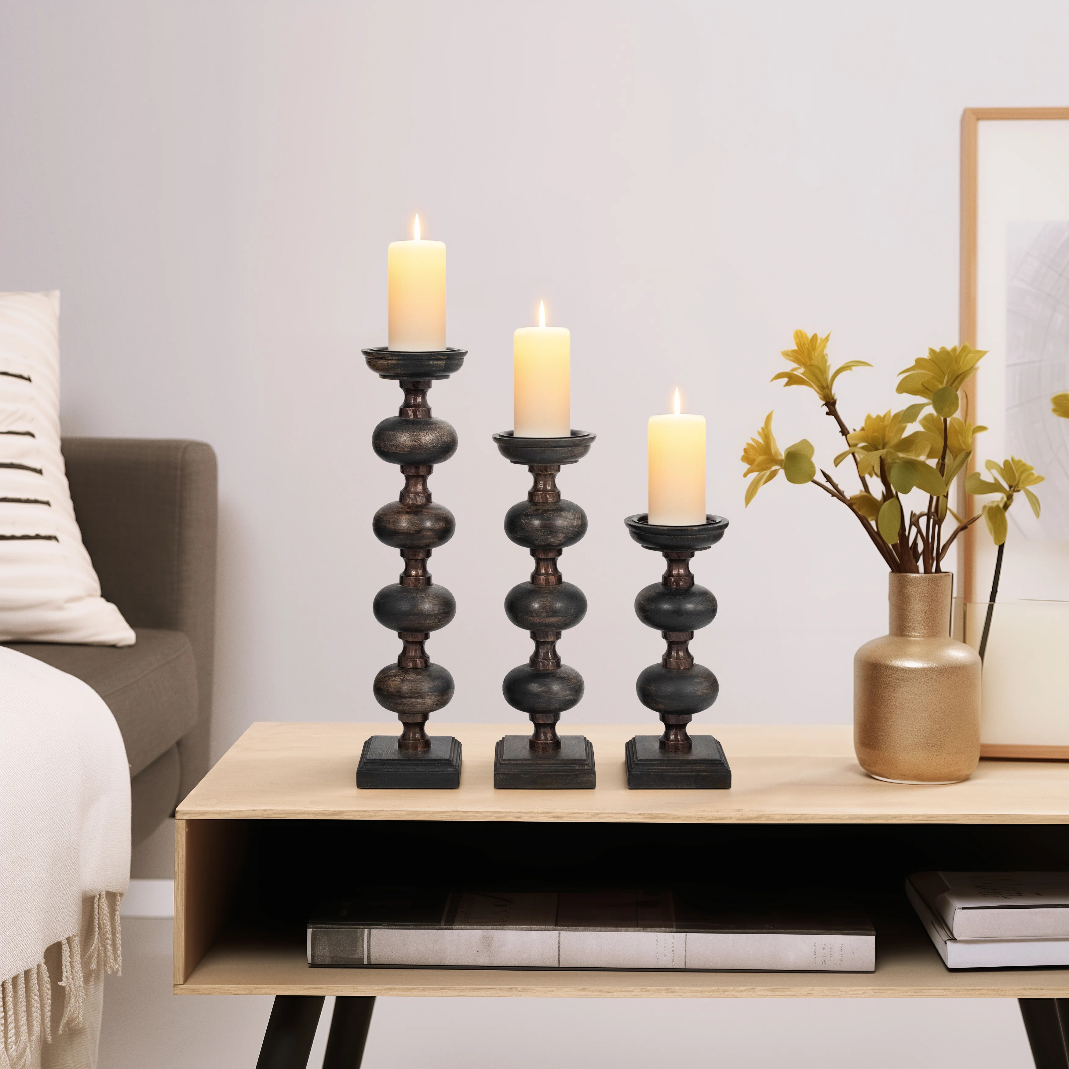 Foxx Modern Candle Holder Set with Sculptural Stacked Wood Base - Decorative Tabletop Candle Hold... | Wayfair North America