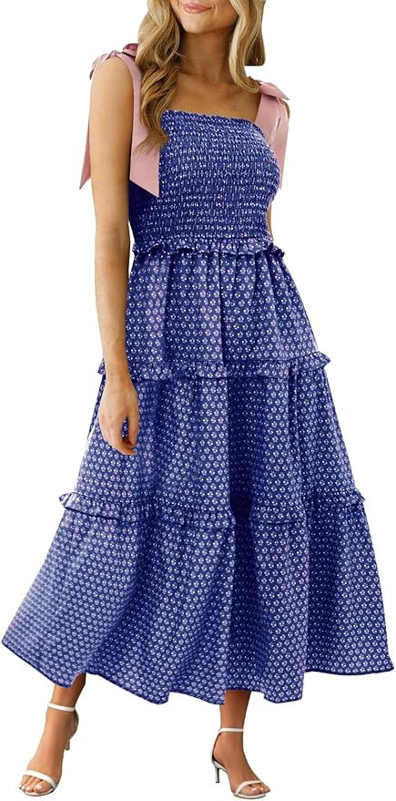 Wenrine Womens Summer Floral Maxi Dress Smocked Tie Shoulder Boho Sleeveless Ruffle Tiered Casual... | Amazon (US)