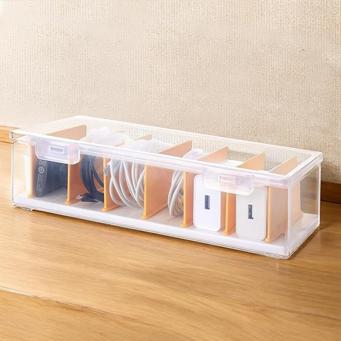 PAVSTINE Clear Cable Organizer Box with Lid, Plastic Charger Cable Cord Storage Organizer, Office... | Amazon (US)
