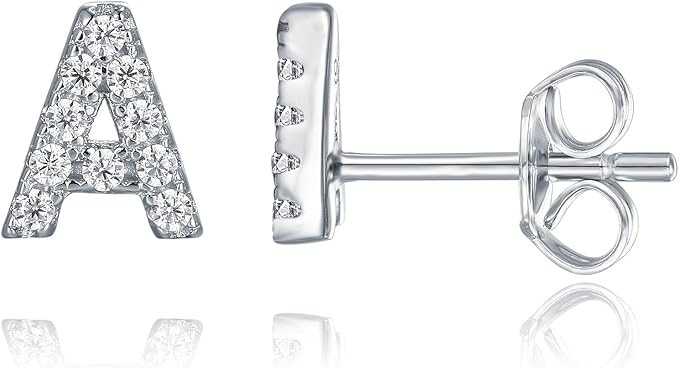 PAVOI 925 Sterling Silver, 14K Gold Plated, CZ Simulated Diamond Stud Earrings Fashion Alphabet L... | Amazon (US)